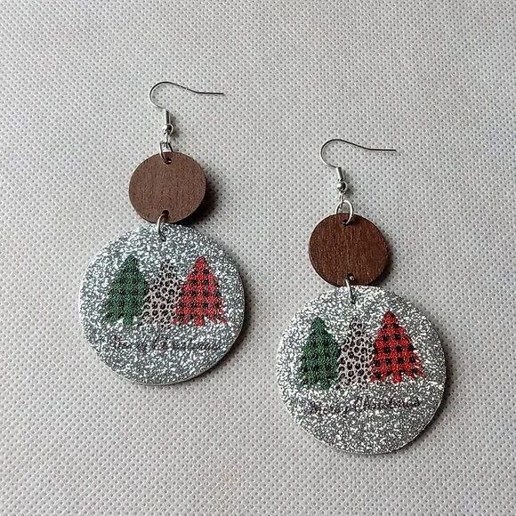 Christmas Holiday Earrings, Silver Glitter, Round Dangle Festive Earrings - Picture 3 of 4